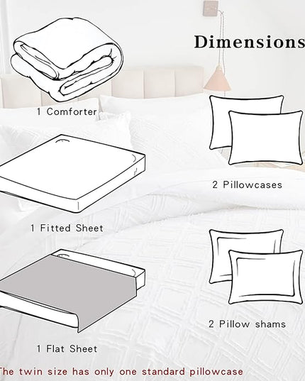 7 Pieces Tufted Bed in a Bag Queen Comforter Set with Sheets White, Soft and Embroidery Shabby Chic Boho Bohemian, Luxury Solid Color with Diamond Pattern, Jacquard Tufts Bedding Set for All Season - LeafyLoom