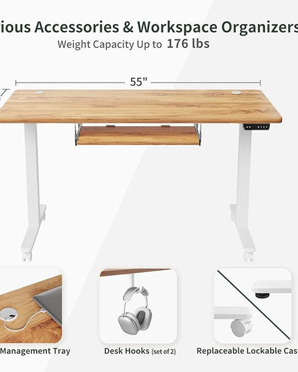 BANTI 55" x 24" Height Adjustable Electric Standing Desk with Keyboard Tray, Sit Stand up Desk with Splice Board, White Frame/Light Rustic Brown Top - LeafyLoom