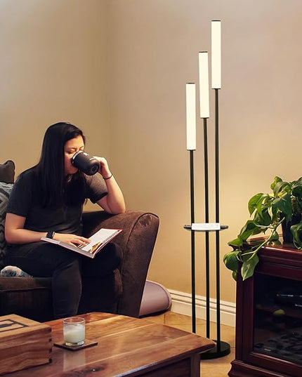 Ganeed LED Floor Lamp with Shelves,30W Modern Black Tall Lamps with 3 Acrylic Lampshade,3000K Warm Light Standing Lamps with Foot Switch and Remote Control (66.5 inch) - LeafyLoom