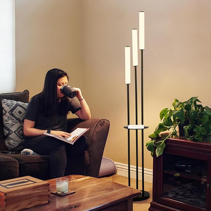 Ganeed LED Floor Lamp with Shelves,30W Modern Black Tall Lamps with 3 Acrylic Lampshade,3000K Warm Light Standing Lamps with Foot Switch and Remote Control (66.5 inch) - LeafyLoom