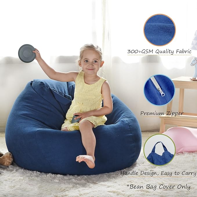 YuppieLife Stuffed Animals Bean Bag Chair Cover Candy-Colored Bean Bag(Just Cover, No Filling)/Large Stuff 'n Sit Organization/Toy Storage Bag/Kids Toys Organizer（27'',Navy blue - LeafyLoom