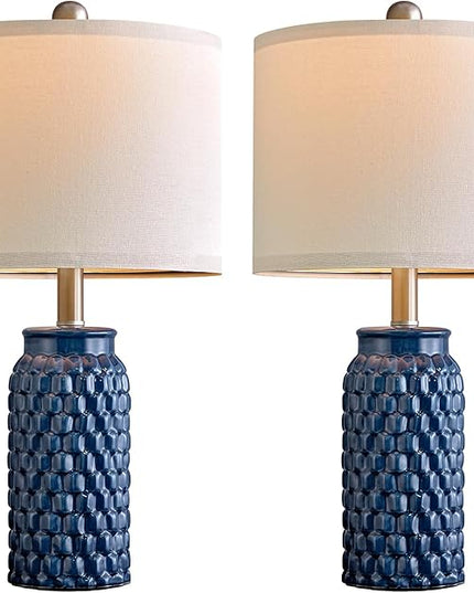 20.5 inches Modern Ceramic Dark Blue Bedside Lamp Set of 2 for Bedroom Decor Farmhouse Table Lamp for Living Room Office Dorm - LeafyLoom