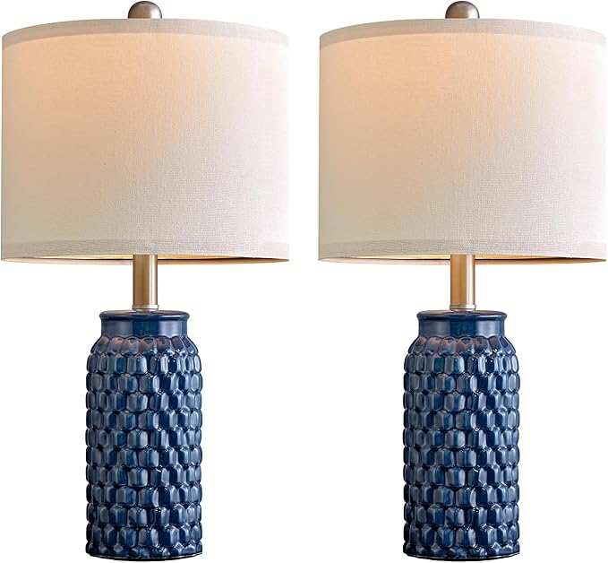 20.5 inches Modern Ceramic Dark Blue Bedside Lamp Set of 2 for Bedroom Decor Farmhouse Table Lamp for Living Room Office Dorm - LeafyLoom