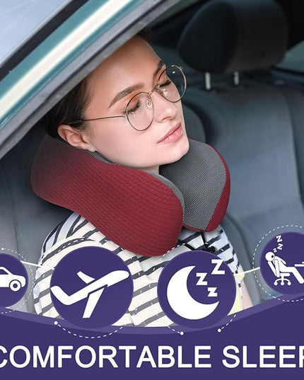 napfun Neck Pillow for Traveling, Upgraded Travel Neck Pillow for Airplane 100% Pure Memory Foam Travel Pillow for Flight Headrest Sleep, Portable Plane Accessories, Wine-Red Set, Medium (120-200LB) - LeafyLoom
