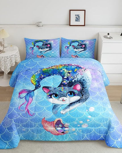 Rainbow Cartoon Cat Comforter Colorful Mermaid Comforter Set for Kids Boys Girls Teens Room Decor Blue Mermaid Scales Bedding Set Ocean Gradient Duvet Set 3Pcs King Size Boys - LeafyLoom