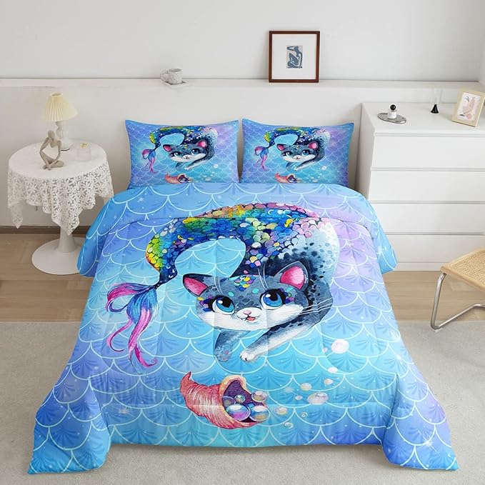 Rainbow Cartoon Cat Comforter Colorful Mermaid Comforter Set for Kids Boys Girls Teens Room Decor Blue Mermaid Scales Bedding Set Ocean Gradient Duvet Set 3Pcs King Size Boys - LeafyLoom