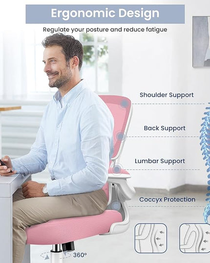 Office Chair, Ergonomic Desk Chair with Lumbar Support and Adjustable Armrests, Comfy Desk Chair Breathable Mesh Mid Back Computer Chair, Reclining Office Chair for Home Office - Pink - LeafyLoom