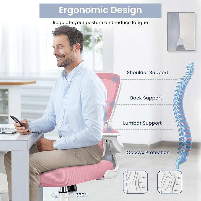 Office Chair, Ergonomic Desk Chair with Lumbar Support and Adjustable Armrests, Comfy Desk Chair Breathable Mesh Mid Back Computer Chair, Reclining Office Chair for Home Office - Pink - LeafyLoom