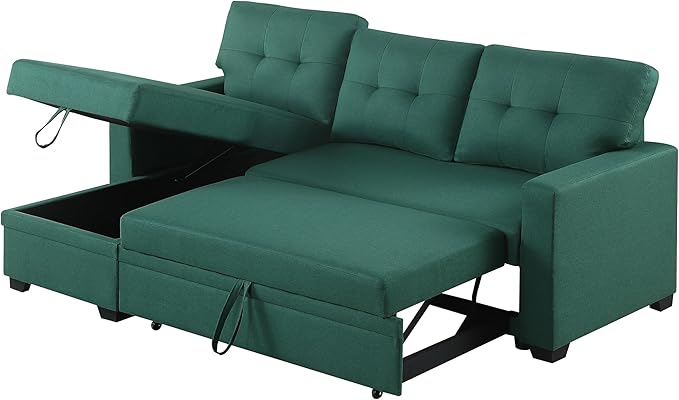 Sectional Sofa with Tufted Seat & Back Cushion,Solid Wood Frame Dsign, Linen Reversible w/Storage Chaise and Pull-Out Sleeper for Home, Small Space Apartment, 82 Inch, Green - LeafyLoom