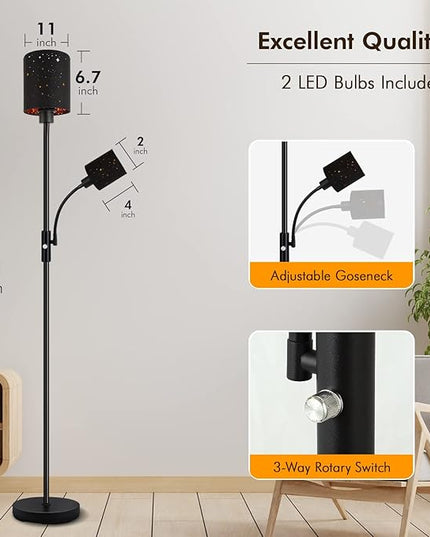 Floor Lamp for Bedroom, LED Floor Lamps with Reading Lamp, 2700K Brightness, 3-Way Switch, Bulbs Included, Modern Standing Lamps for Living Room Dining Room, Decorative Torchire Standing Lamp, Black - LeafyLoom