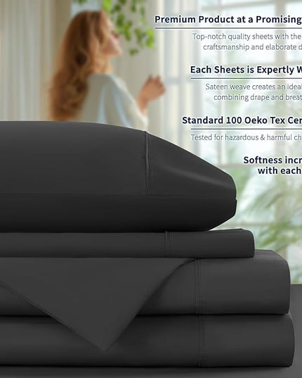Shilucheng 100% Cotton Sheets Set - 600 Thread Count，Luxury Egyptian Cotton Bed Sheets，5-Star Hotel Quality Sheets, Breathable & Cooling, 16 Inch Deep Pocket - 4 Piece (Black, California King) - LeafyLoom