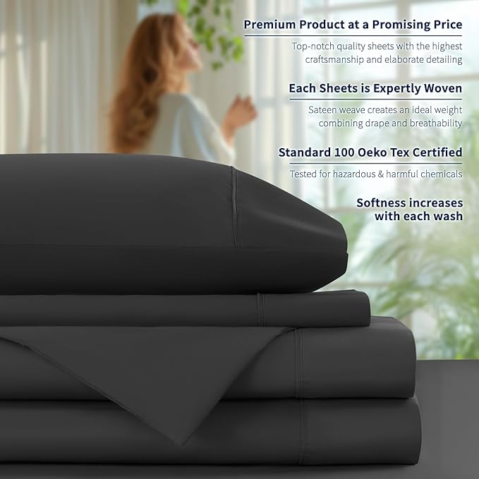 Shilucheng 100% Cotton Sheets Set - 600 Thread Count，Luxury Egyptian Cotton Bed Sheets，5-Star Hotel Quality Sheets, Breathable & Cooling, 16 Inch Deep Pocket - 4 Piece (Black, California King) - LeafyLoom
