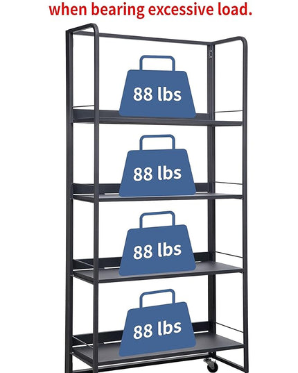 No-Assembly Folding Bookshelf Storage Rack Shelves with Castors 4 Tiers Vintage Bookcase Standing Racks Multifunctional Plant Flower Stand Study Organizer for Home Office (Metal,Deep Grey) - LeafyLoom