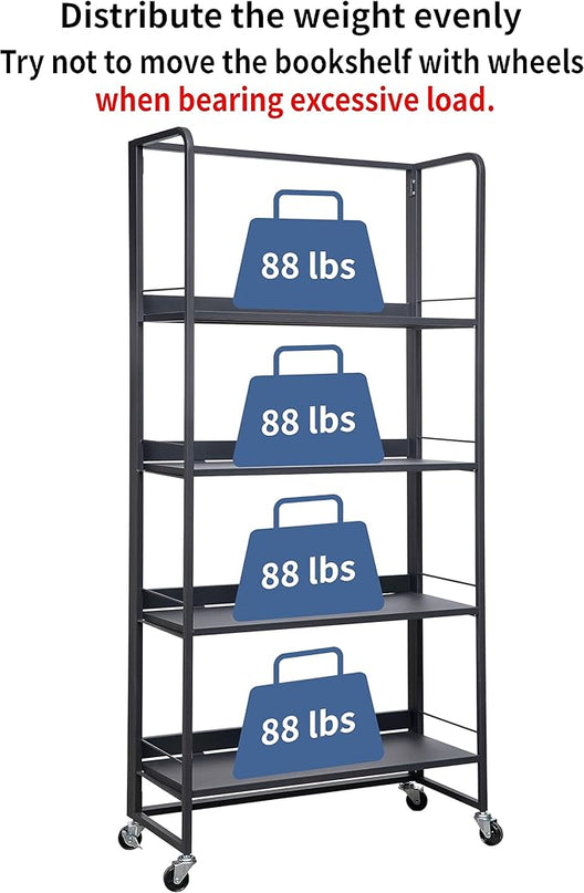 No-Assembly Folding Bookshelf Storage Rack Shelves with Castors 4 Tiers Vintage Bookcase Standing Racks Multifunctional Plant Flower Stand Study Organizer for Home Office (Metal,Deep Grey) - LeafyLoom