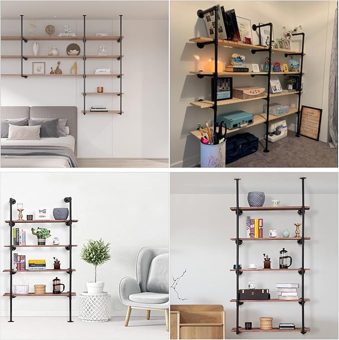 Pynsseu Industrial Iron Pipe Shelf Wall Mount, Farmhouse DIY Open Bookshelf, Pipe Shelves for Kitchen Bathroom, bookcases Living Room Storage, 2Pack of 5 Tier - LeafyLoom