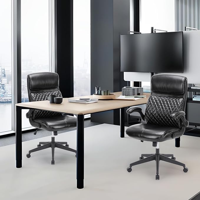 Executive Home Office Chair, Ergonomic Computer Desk Chair with Padded Flip-up Armrests, Adjustable Height, Swivel Rolling Work Study Chair for Home Office Conference Room-Black - LeafyLoom