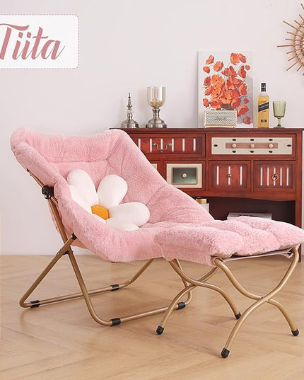 Tiita Saucer Chair with Ottoman, Soft Faux Fur Oversized Folding Accent Chair,Lounge Lazy Chair, Metal Frame Moon Chair for Bedroom, Living Room, Dorm Rooms, Garden and Courtyard - LeafyLoom