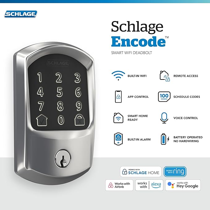 Schlage Encode Smart WiFi Deadbolt Lock for Front Door - Keyless Entry with App or Touchscreen - Works with Alexa, Apple HomeKit, Hey Google, & Airbnb - Create Codes for Guests - Bright Chrome Silver SchlageLockCompany