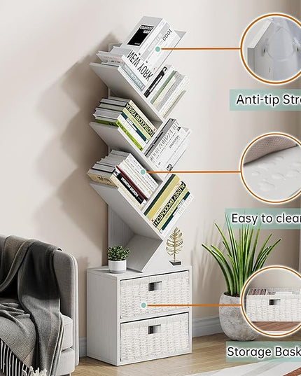 Vagusicc 6 Tier Tree Bookshelf, Modern Floor Standing Bookcase with Storage Drawer, Space Saving Storage Organizer Book Shelves for Books, Tall Wood Storage Rack for Bedroom/Living Room/Home Office - LeafyLoom