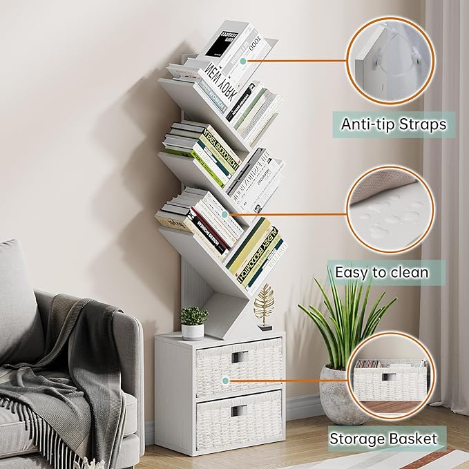 Vagusicc 6 Tier Tree Bookshelf, Modern Floor Standing Bookcase with Storage Drawer, Space Saving Storage Organizer Book Shelves for Books, Tall Wood Storage Rack for Bedroom/Living Room/Home Office - LeafyLoom
