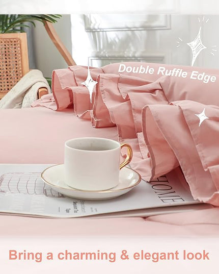 Blush Pink Double Ruffle Comforter Set Twin Size (66x90 Inch), 2 Pcs Farmhouse Vintage Comforter Set (1 Ruffled Comforter and 1 Pillowcase), Rustic All Season Down Alternative Bedding Set - LeafyLoom