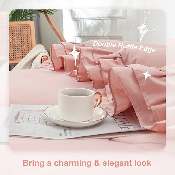 Blush Pink Double Ruffle Comforter Set King Size (104x90 Inch), 3 Pcs Farmhouse Vintage Comforter Set (1 Ruffled Comforter and 2 Pillowcase), Rustic All Season Down Alternative Bedding Set - LeafyLoom
