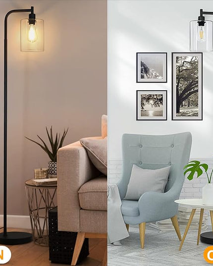 MAXvolador Industrial Floor Lamp, Modern Standing Lamps with Hanging Clear Glass Shade, Classic Reading Tall Pole Light for Living Room Bedroom, Black - LeafyLoom