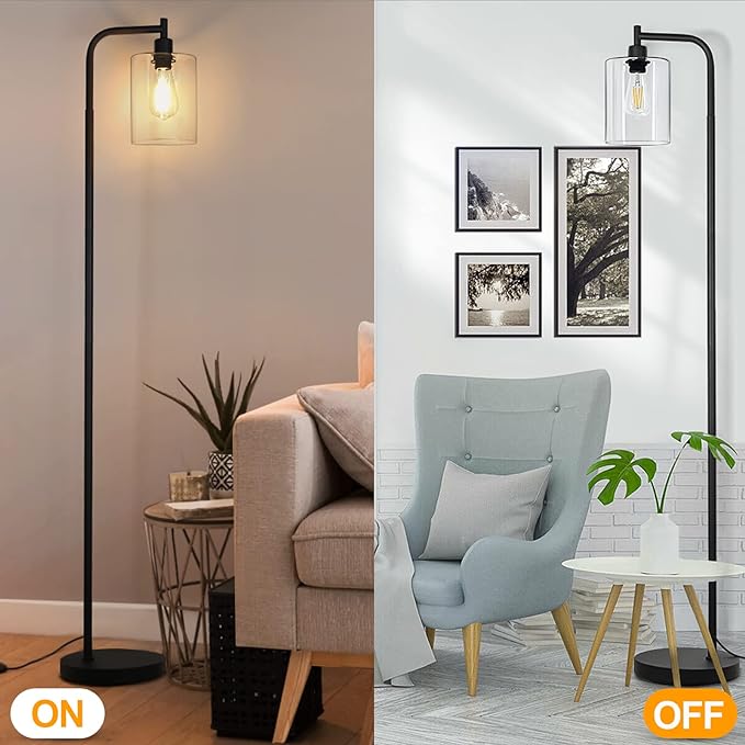 MAXvolador Industrial Floor Lamp, Modern Standing Lamps with Hanging Clear Glass Shade, Classic Reading Tall Pole Light for Living Room Bedroom, Black - LeafyLoom