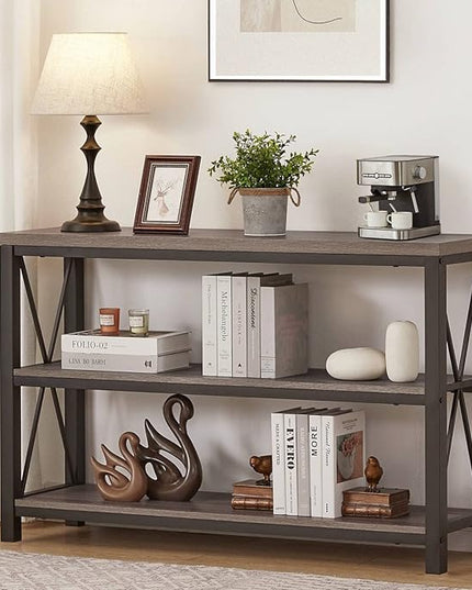 BON AUGURE Rustic Sofa Table Behind Couch, Industrial Console Tables for Entryway, 3 Tier Wood Shelves Entry Table with Storage for Foyer, Hallway, Front Door (47 Inch, Dark Grey Oak) - LeafyLoom