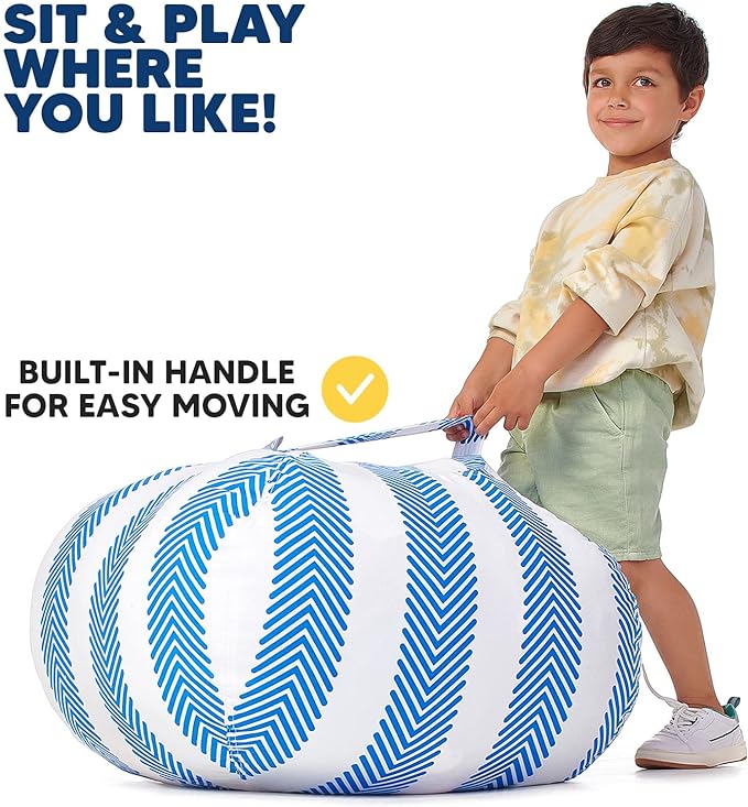 5 STARS UNITED Stuffed Animal Storage Bean Bag – Toy Storage Organizer and Bean Bag Chair for Kids Holds up to 90+ Plush Toys – Cotton Canvas Bags Cover for Boys and Girls Ages 4-11, Blue Stripes - LeafyLoom