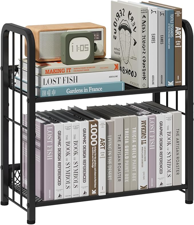 Bookshelf Storage Shelf Bookcase Freestanding Storage Stand Book Organizer for Living Room, Bedroom, Kitchen, Rust Resistance,Easy Assembly Multi-Functional Organizer (2 Tiers Black) - LeafyLoom