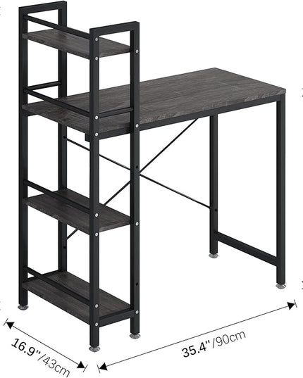 4NM 35" Small Computer Desk with 4-Tier Bookshelf, Home Office Desk Writing Workstation Study Table Multipurpose for Small Space Work - Grey and Black - LeafyLoom