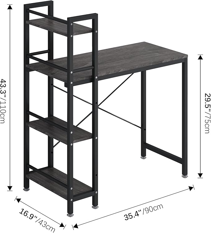 4NM 35" Small Computer Desk with 4-Tier Bookshelf, Home Office Desk Writing Workstation Study Table Multipurpose for Small Space Work - Grey and Black - LeafyLoom
