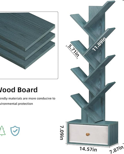8 Tier Tree Bookshelf with Drawer, Free Standing Wood Bookcase for Narrow Space, Storage Organizer Bookshelves for Books, Book Case for Home Office, Living Room, Bedroom, Navy Blue - LeafyLoom