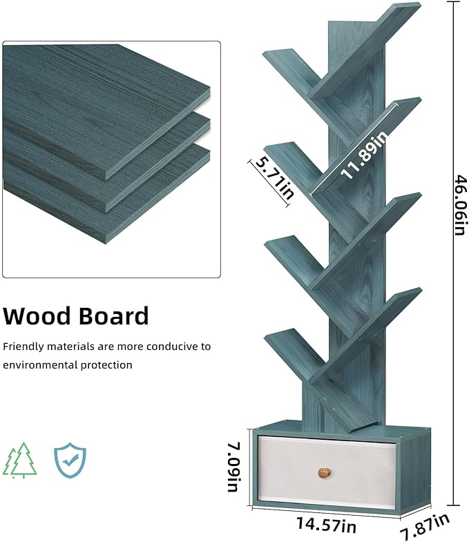 8 Tier Tree Bookshelf with Drawer, Free Standing Wood Bookcase for Narrow Space, Storage Organizer Bookshelves for Books, Book Case for Home Office, Living Room, Bedroom, Navy Blue - LeafyLoom