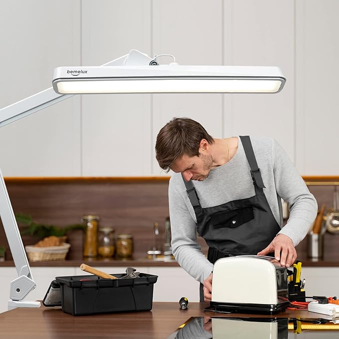 LED Architect Desk Lamp with Clamp, Metal Swing Arm 2000 Lumens Dimming Office Table Lamp for Task Work Drafting Reading Desktop, 234PCS Bright LEDs, 24W, 5 Color Temperatures Workbench Lamp - LeafyLoom