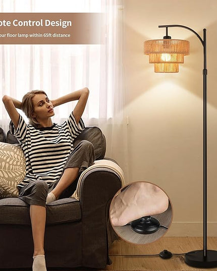 Arc Floor Lamp for Living Room with 3 Color Temperatures, Farmhouse Floor Lamps with Remote & Dimmable Bulb, Boho Standing Lamp with Rattan & 3-Tier Shades, Adjustable Tall Lamp for Bedroom,Corner - LeafyLoom