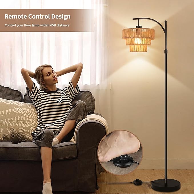 Arc Floor Lamp for Living Room with 3 Color Temperatures, Farmhouse Floor Lamps with Remote & Dimmable Bulb, Boho Standing Lamp with Rattan & 3-Tier Shades, Adjustable Tall Lamp for Bedroom,Corner - LeafyLoom