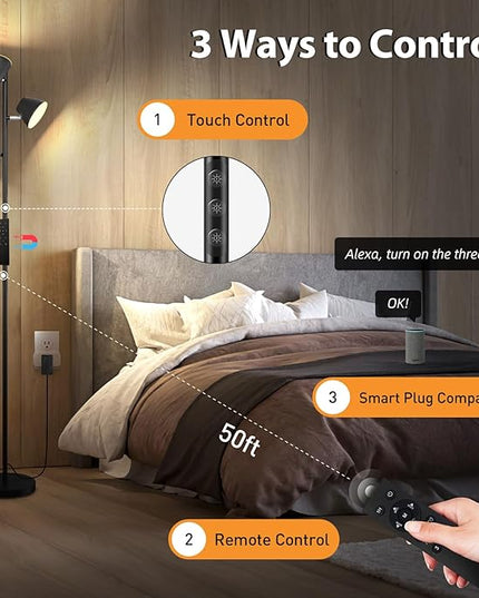 LED Tree Floor Lamp 42W, 4200 Lumens Super Bright Floor Lamps for Living Room with Remote & Touch Control, 3 Rotatable lights 4 Color Temperatures, Modern Tall Standing Lamp for Bedroom Office - LeafyLoom
