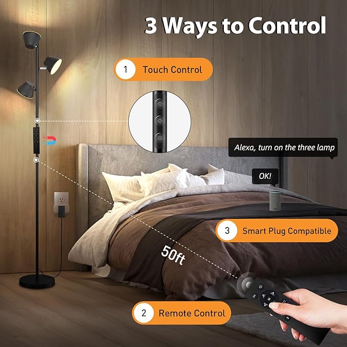 LED Tree Floor Lamp 42W, 4200 Lumens Super Bright Floor Lamps for Living Room with Remote & Touch Control, 3 Rotatable lights 4 Color Temperatures, Modern Tall Standing Lamp for Bedroom Office - LeafyLoom