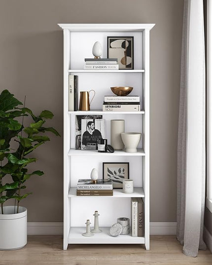 SIMPLIHOME Amherst SOLID WOOD 30 Inch Transitional 5 Shelf Bookcase in White, For the Living Room, Study Room and Office - LeafyLoom
