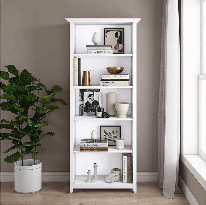 SIMPLIHOME Amherst SOLID WOOD 30 Inch Transitional 5 Shelf Bookcase in White, For the Living Room, Study Room and Office - LeafyLoom