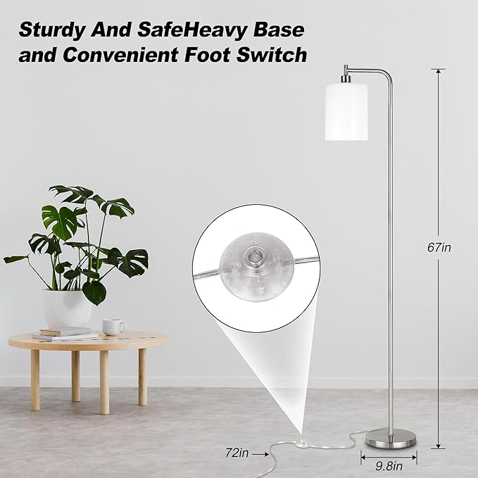 QiMH Floor Lamps for Living Room, Modern LED Standing Reading Light for Bedroom with Glass Shade, Tall Industrial 3 Colors Dimmable Pole Lamp with Foot Control for Home Office Corner Decor (Silver) - LeafyLoom