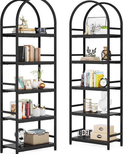 Tribesigns 5-Tier Open Bookshelf Set of 2, 74.4" Wood Bookcase Storage Shelves with Metal Frame, Freestanding Display Rack Tall Shelving Unit for Office, Bedroom, Living Room (Black, 2PCS) - LeafyLoom
