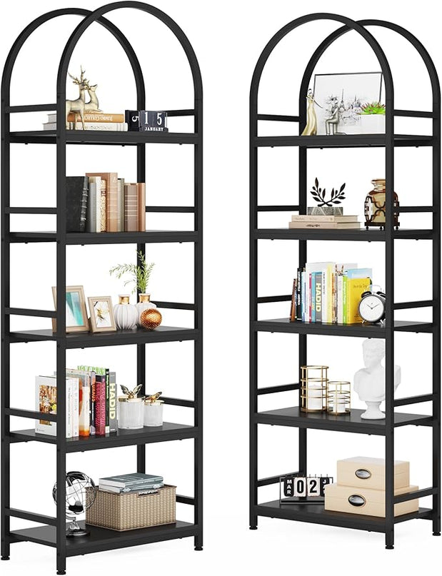 Tribesigns 5-Tier Open Bookshelf Set of 2, 74.4" Wood Bookcase Storage Shelves with Metal Frame, Freestanding Display Rack Tall Shelving Unit for Office, Bedroom, Living Room (Black, 2PCS) - LeafyLoom