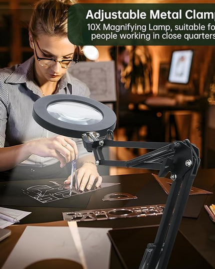 Magnifying Glass with Light and Stand,10X Magnifying LED Desk Lamp with Base & Clamp,3 Color Modes,10 Adjustable Brightness 2-in-1 Adjustable Swivel Arm Lamp Craft Light for Hobby Reading - LeafyLoom