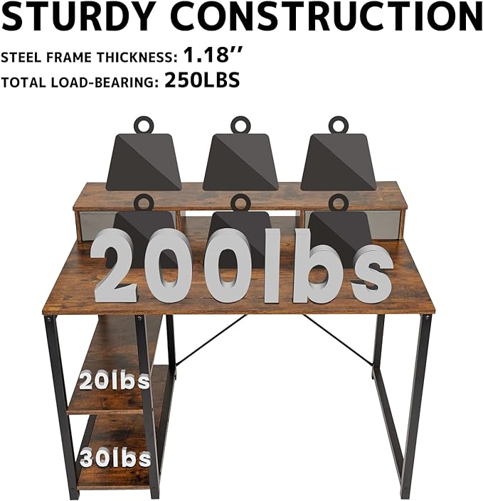 TOPSKY 47”x 31.5” Computer Desk with Drawers, Monitor Stand, Storage Shelf, 3-Port Charging Station (BAMBOO) - LeafyLoom