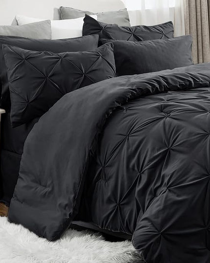 Bedsure Black Comforter Set Queen - Bed in a Bag Queen 7 Pieces, Pintuck Bedding Sets Black Bed Set with Comforter, Sheets, Pillowcases & Shams - LeafyLoom
