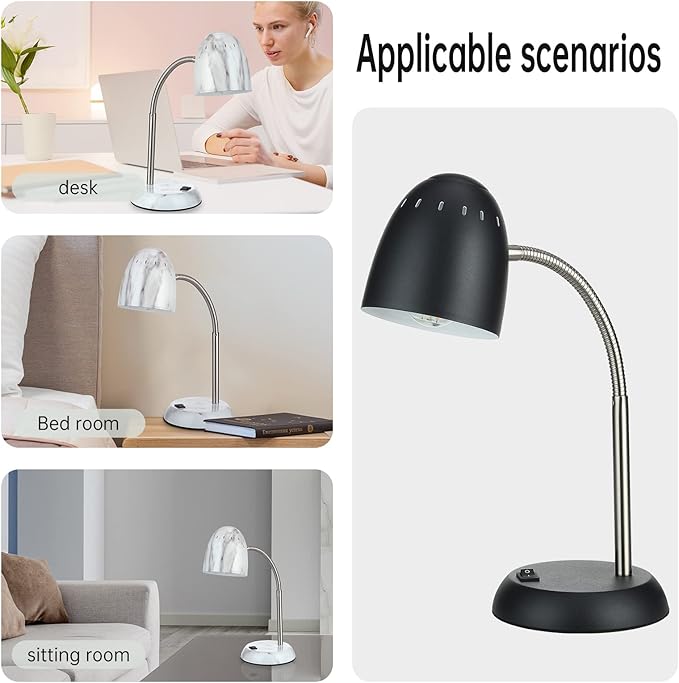 Eye-Caring Table Lamp of Simple Designs Home E26 Led Screw Basic Metal Desk Lamp with Flexible Gooseneck Hose Neck Study Lamp for Bedroom Office Living Room Convenient On/Off Switch(Black) - LeafyLoom