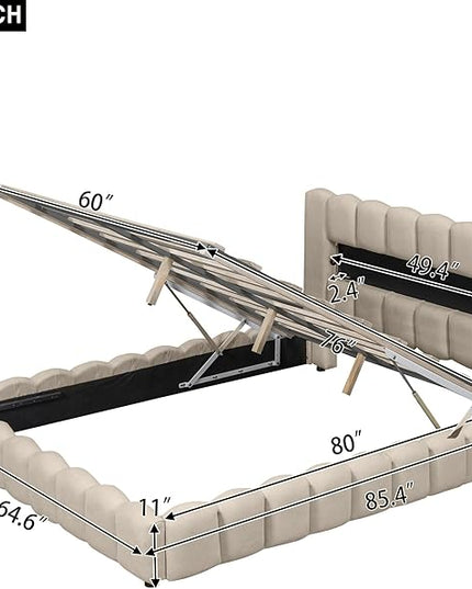Queen Size Upholstered Platform Bed with Large Underneath Storage and LED Headboard, Platform Bed Frame with USB Charger for Bedroom Guest Room,No Box Spring Needed - LeafyLoom